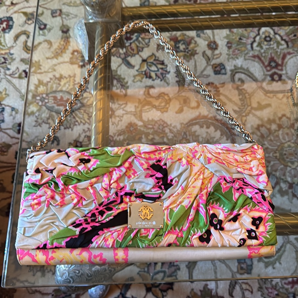 Roberto Calvalli bag couture Floral with heavy silver chain made in Italy - Picture 7 of 13